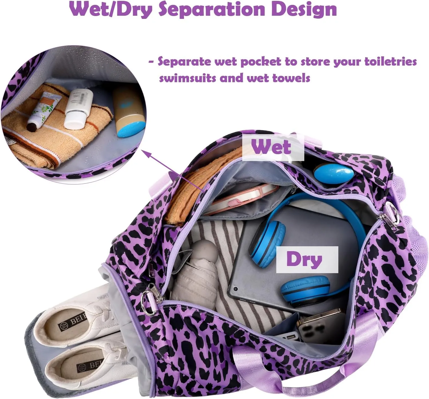 Girls Duffle Bag, Purple Leopard Print Women Duffle Overnight Travel Sport Gym Bag with Wet & Shoe Compartments Dance Ballet Weekender Sleepover Carry On Bag for Girls Women