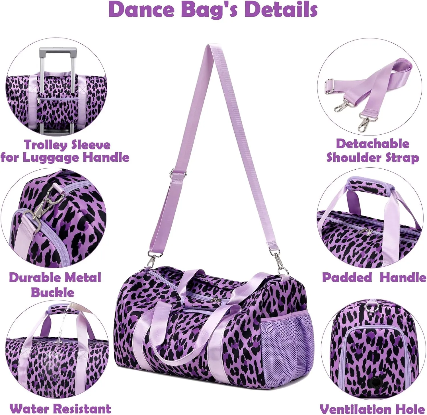 Girls Duffle Bag, Purple Leopard Print Women Duffle Overnight Travel Sport Gym Bag with Wet & Shoe Compartments Dance Ballet Weekender Sleepover Carry On Bag for Girls Women