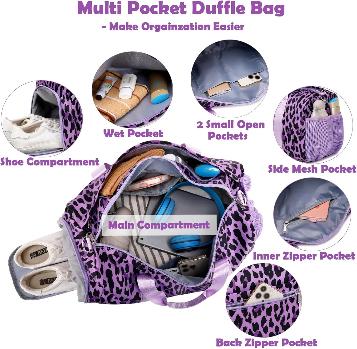 Girls Duffle Bag, Purple Leopard Print Women Duffle Overnight Travel Sport Gym Bag with Wet & Shoe Compartments Dance Ballet Weekender Sleepover Carry On Bag for Girls Women