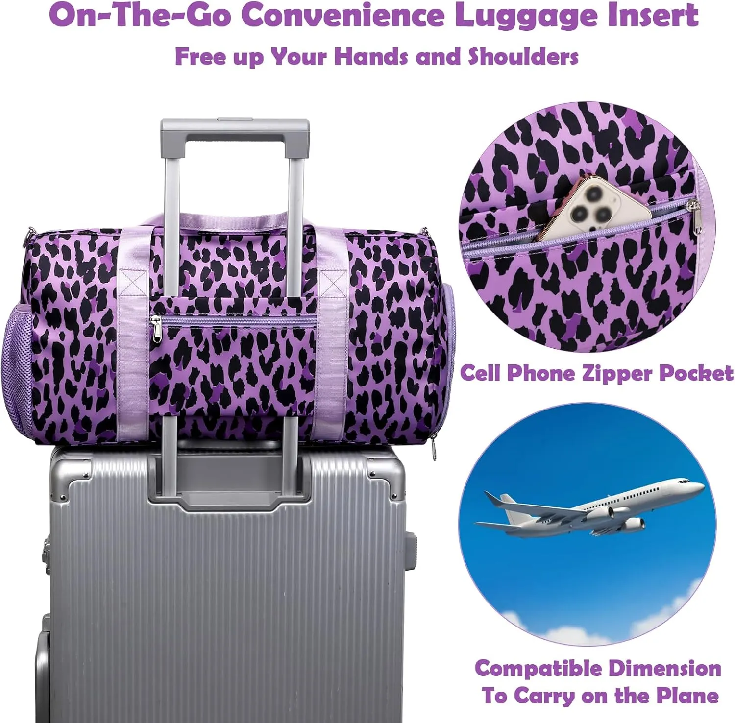 Girls Duffle Bag, Purple Leopard Print Women Duffle Overnight Travel Sport Gym Bag with Wet & Shoe Compartments Dance Ballet Weekender Sleepover Carry On Bag for Girls Women