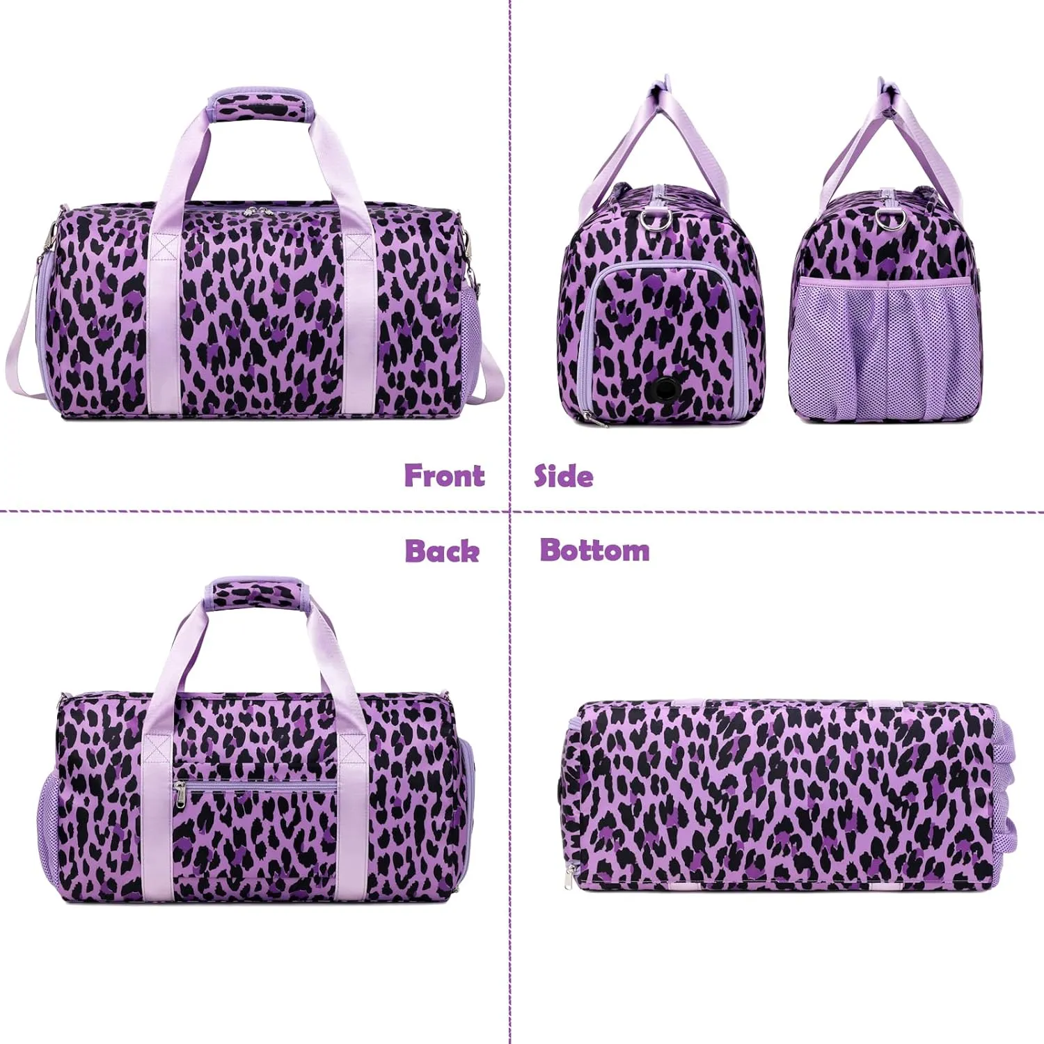 Girls Duffle Bag, Purple Leopard Print Women Duffle Overnight Travel Sport Gym Bag with Wet & Shoe Compartments Dance Ballet Weekender Sleepover Carry On Bag for Girls Women