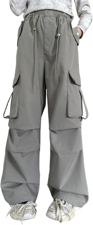 Girls Parachute Cargo Pants Y2K Straight Baggy Cargo Hiking Pants High Waist Adjustable Wide Leg Casual Joggers with Pockets