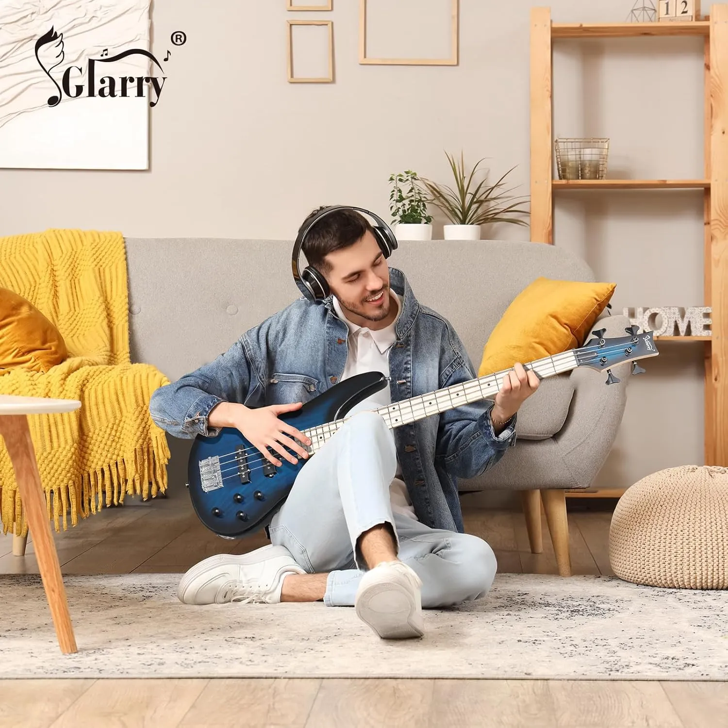 GLARRY Bass Guitar Full Size 4 String Exquisite Stylish Bass with Guitar Bag Power Line and Wrench Tool (Dark Blue, IB-Style)