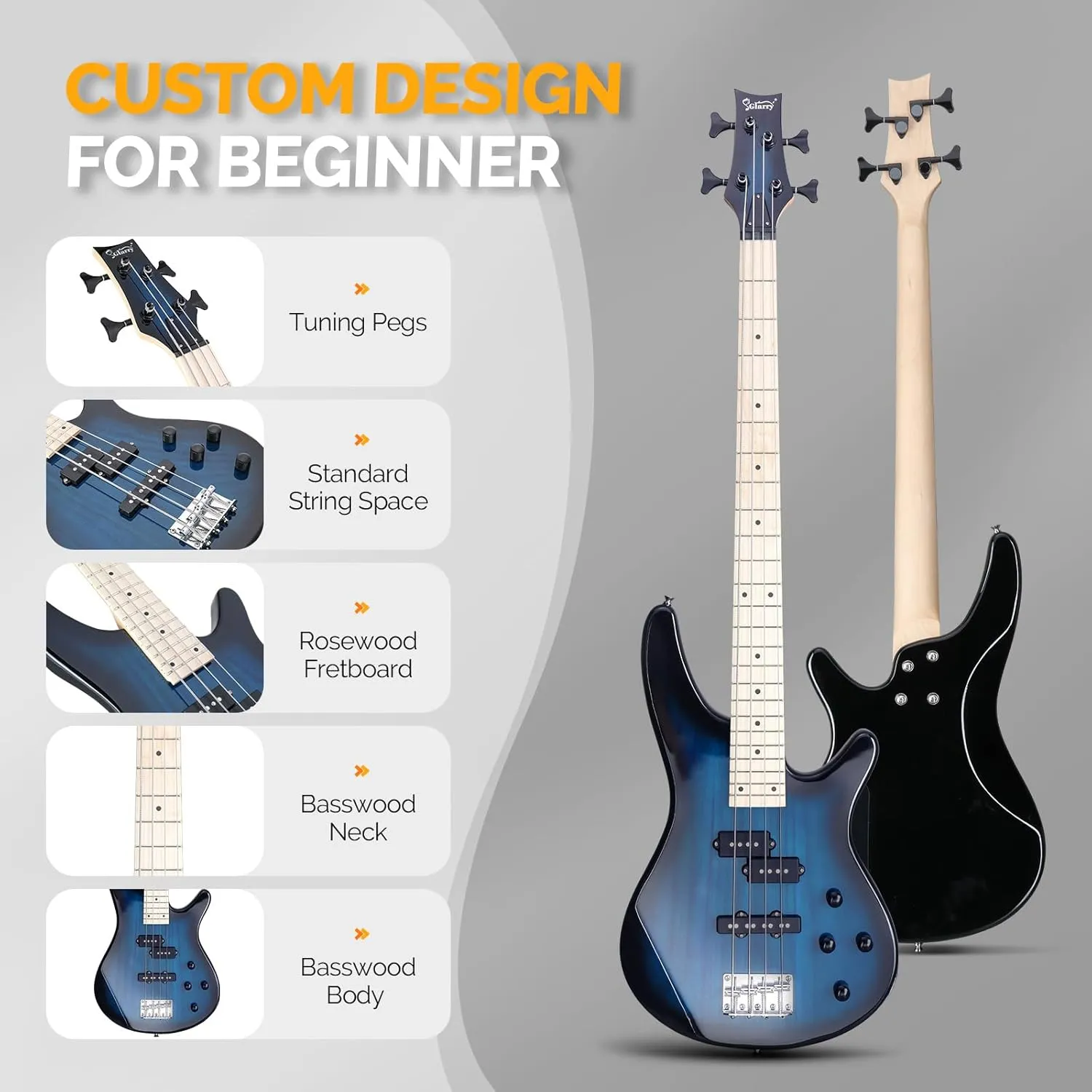 GLARRY Bass Guitar Full Size 4 String Exquisite Stylish Bass with Guitar Bag Power Line and Wrench Tool (Dark Blue, IB-Style)