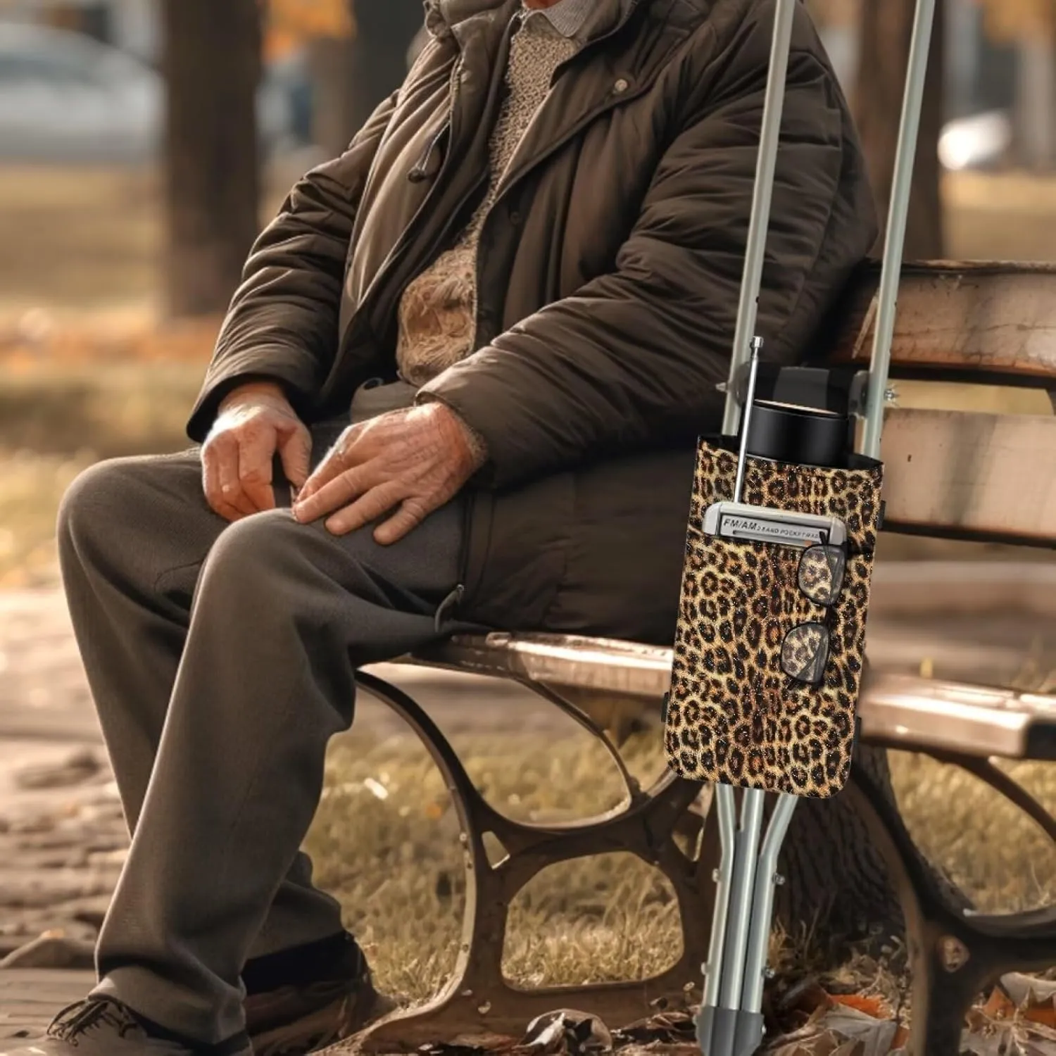 Gomyblomy Leopard Print Crutch Accessories Bag Adjustable Crutch Carrying Pouch with Drink Holder and Pockets for Seniors Adults Lightweight Walker Storage Bag