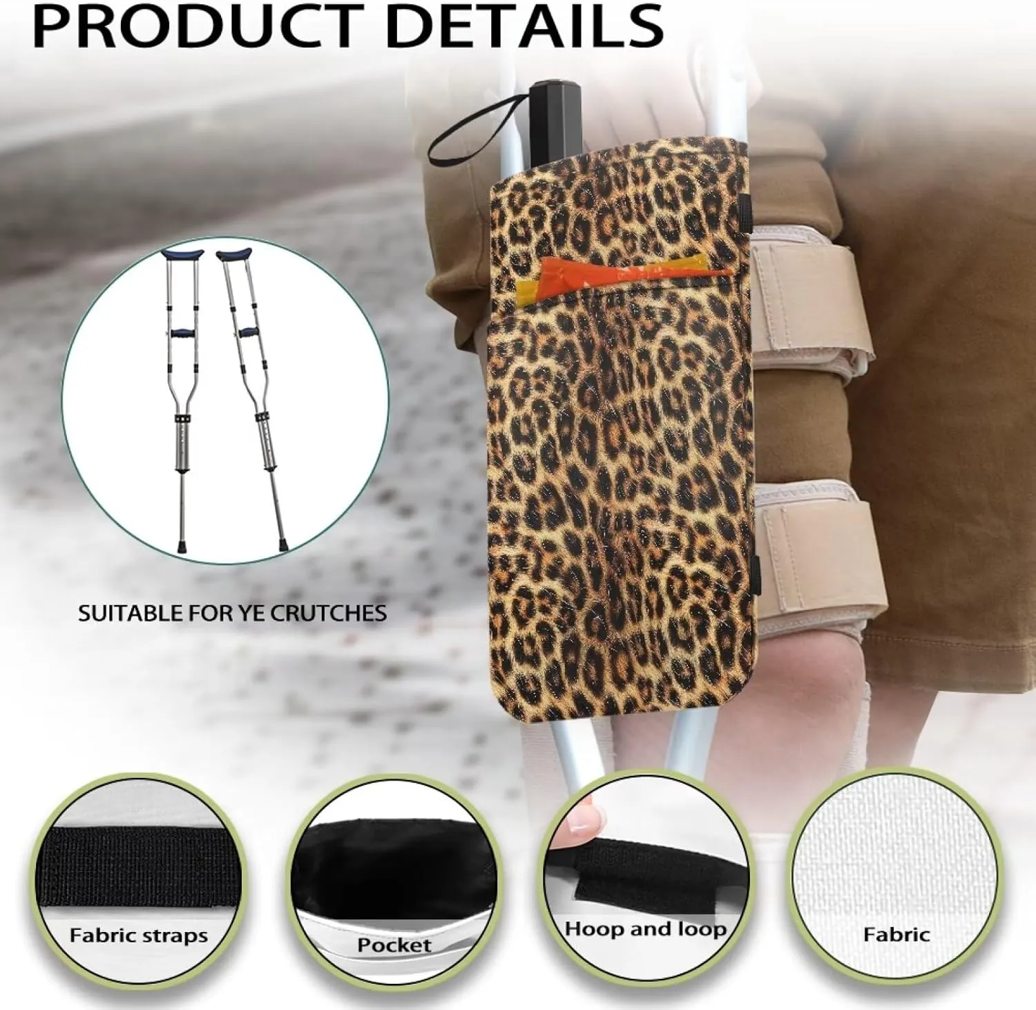 Gomyblomy Leopard Print Crutch Accessories Bag Adjustable Crutch Carrying Pouch with Drink Holder and Pockets for Seniors Adults Lightweight Walker Storage Bag