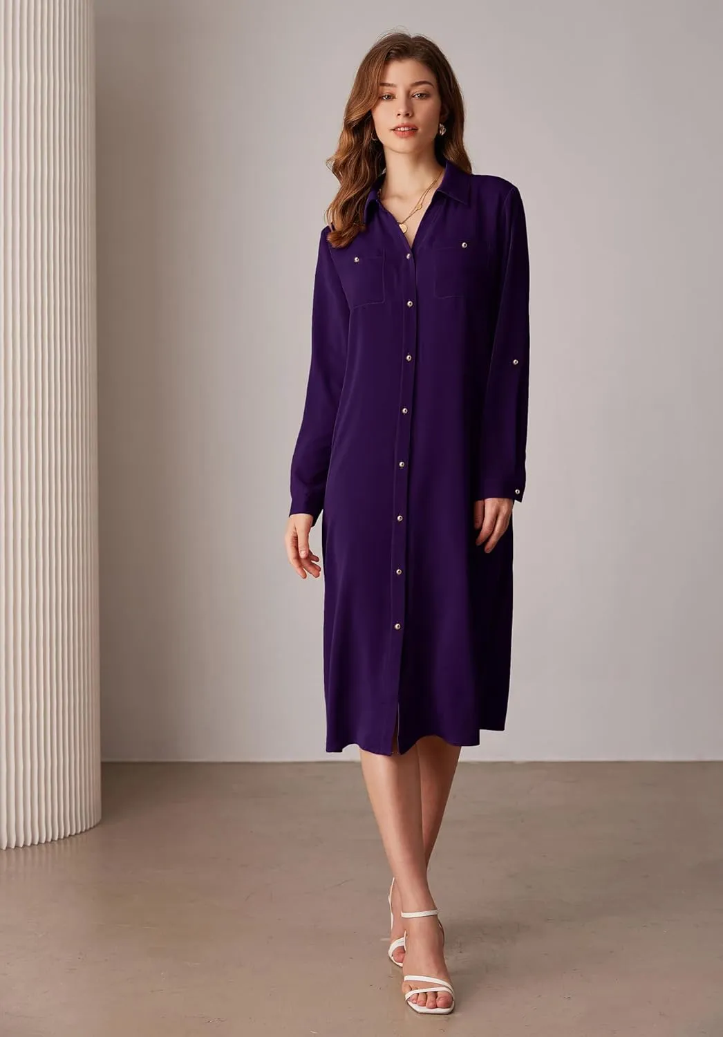 GRACE KARIN Women's Long Sleeve Button Down Shirt Dress Casual Loose Tie Waist Adjustable Sleeve Length Midi Dresses