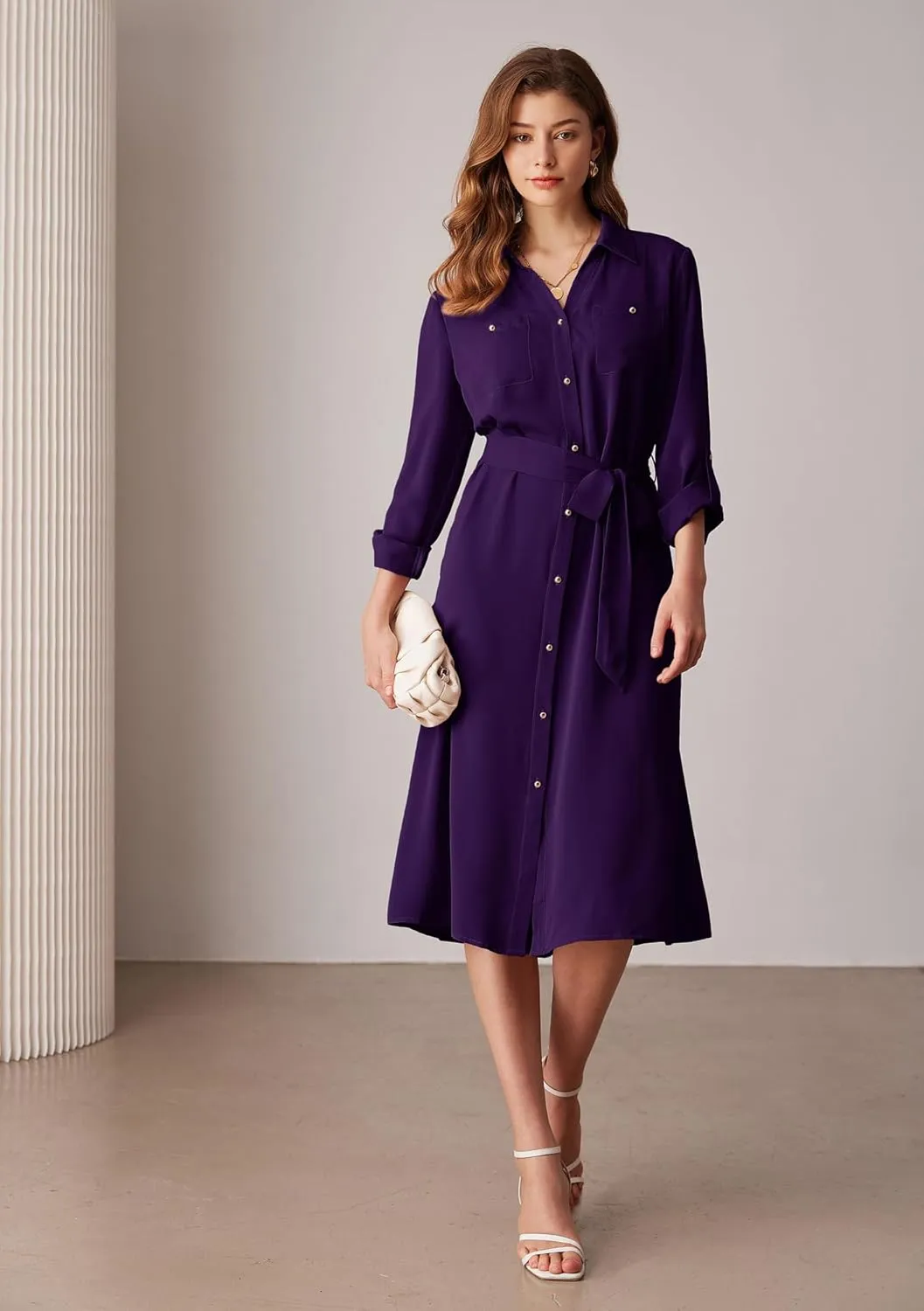 GRACE KARIN Women's Long Sleeve Button Down Shirt Dress Casual Loose Tie Waist Adjustable Sleeve Length Midi Dresses