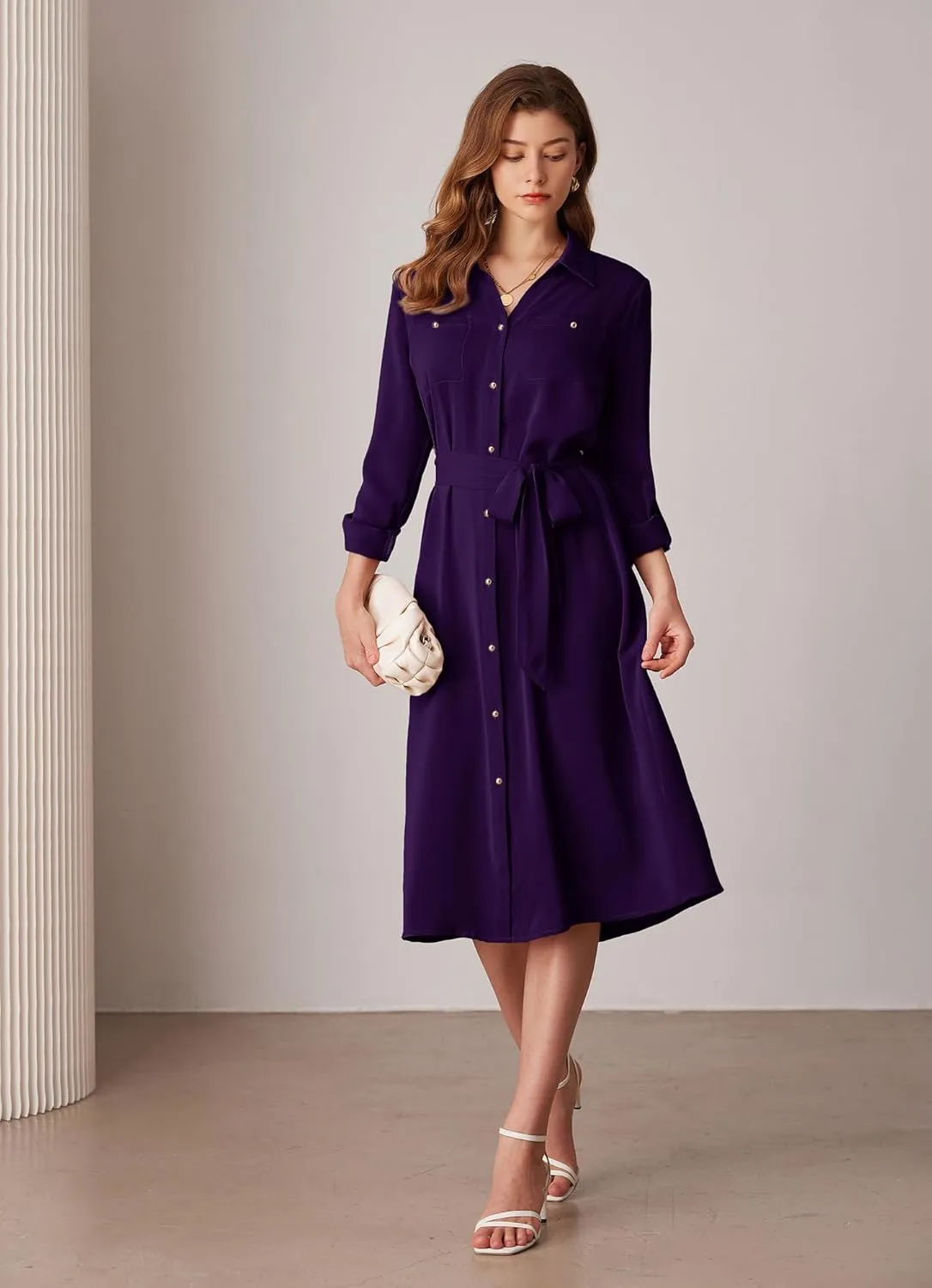 GRACE KARIN Women's Long Sleeve Button Down Shirt Dress Casual Loose Tie Waist Adjustable Sleeve Length Midi Dresses
