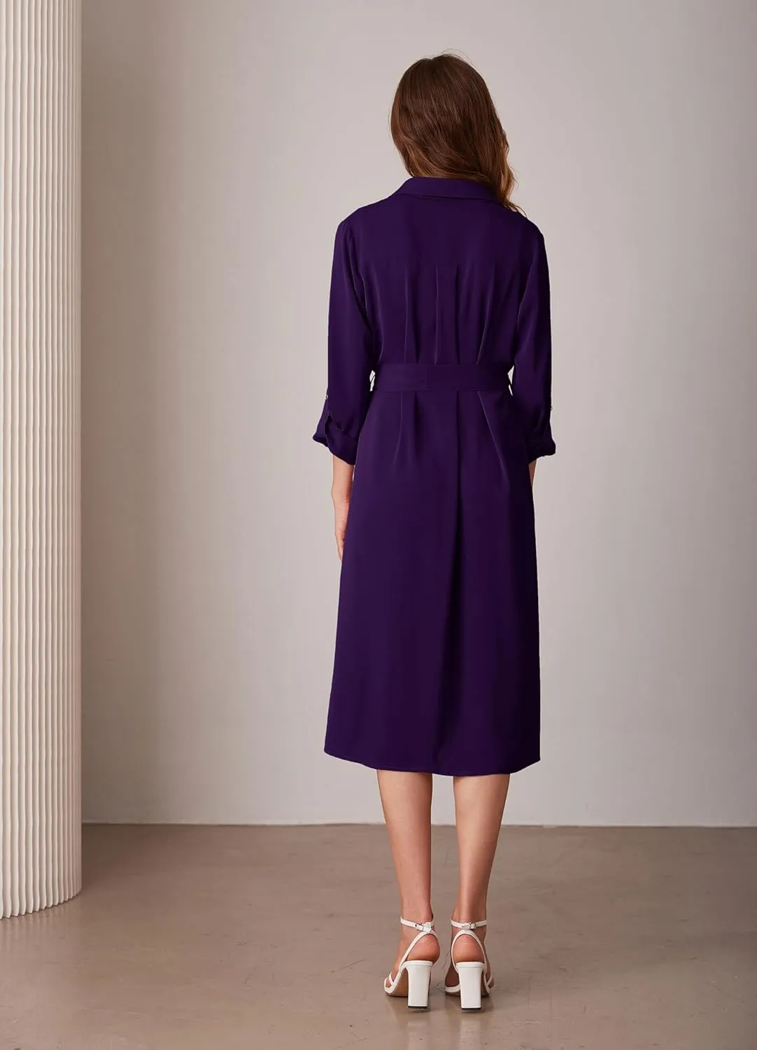 GRACE KARIN Women's Long Sleeve Button Down Shirt Dress Casual Loose Tie Waist Adjustable Sleeve Length Midi Dresses