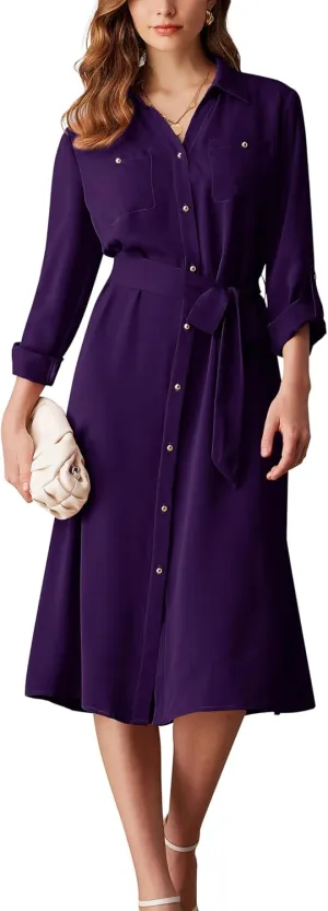 GRACE KARIN Women's Long Sleeve Button Down Shirt Dress Casual Loose Tie Waist Adjustable Sleeve Length Midi Dresses