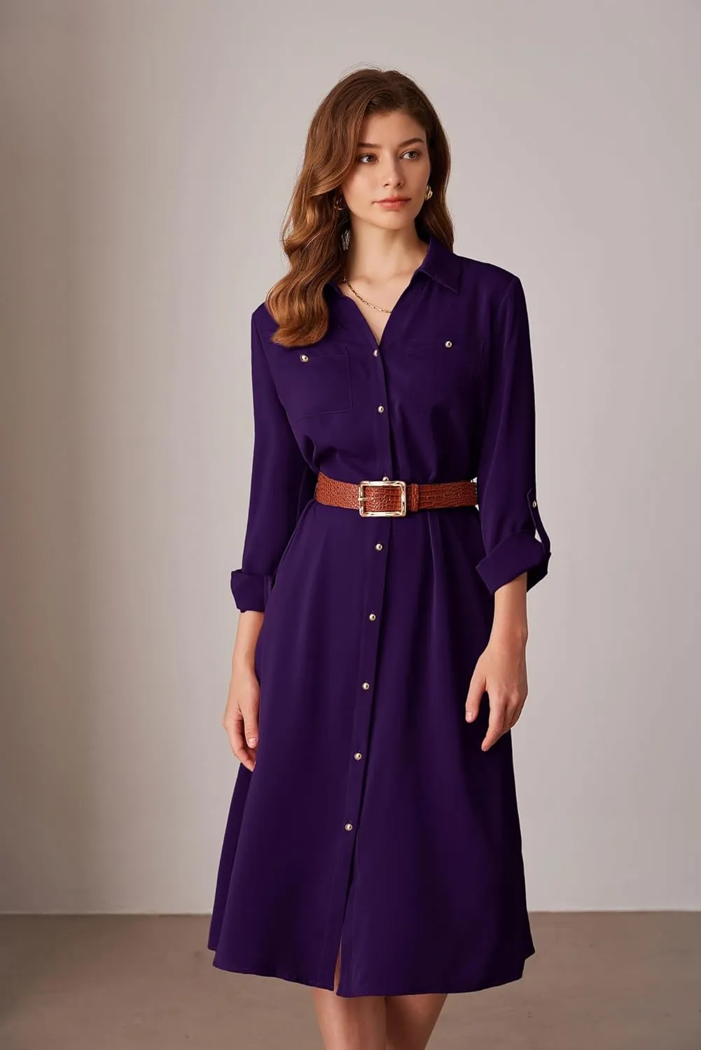GRACE KARIN Women's Long Sleeve Button Down Shirt Dress Casual Loose Tie Waist Adjustable Sleeve Length Midi Dresses