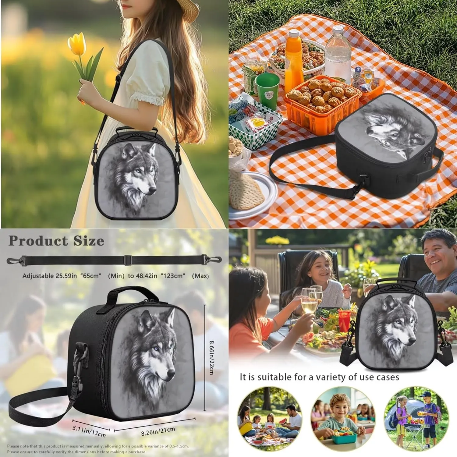 Gray Wolf Print 4 Pcs School Backpack Set for Kids Bookbag Spacious Elementary Student Daypack Lunch Box Pen Case Water Bottle Carrying Bag Rucksack for Boys Girls