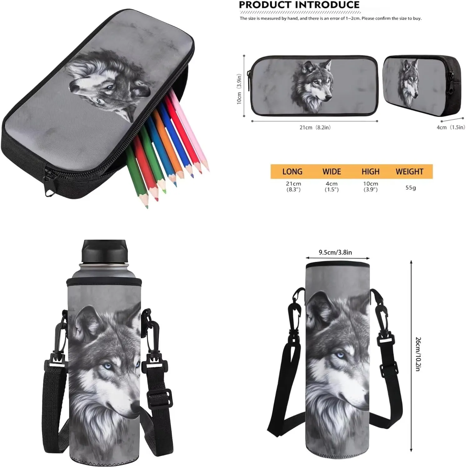 Gray Wolf Print 4 Pcs School Backpack Set for Kids Bookbag Spacious Elementary Student Daypack Lunch Box Pen Case Water Bottle Carrying Bag Rucksack for Boys Girls