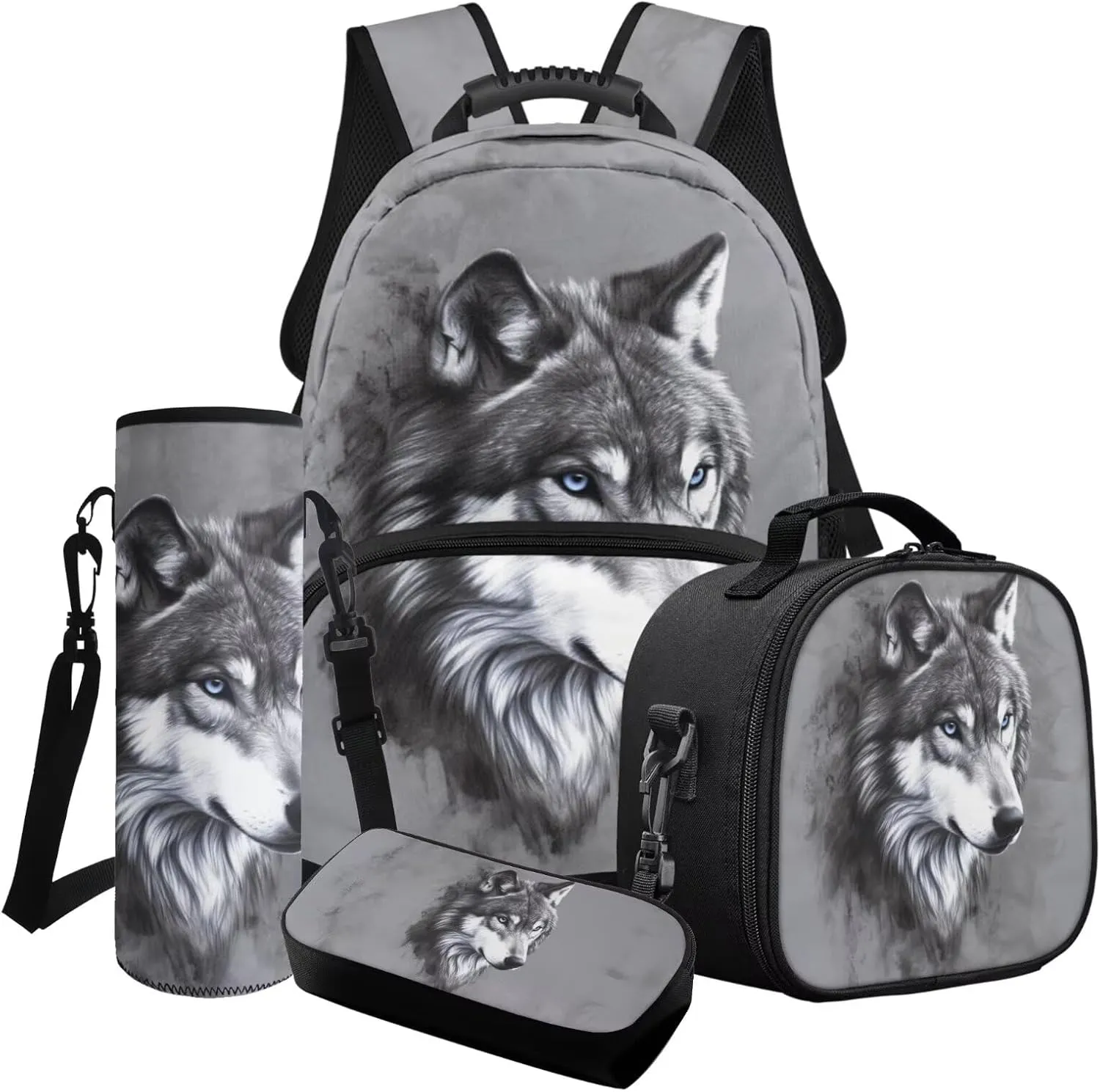 Gray Wolf Print 4 Pcs School Backpack Set for Kids Bookbag Spacious Elementary Student Daypack Lunch Box Pen Case Water Bottle Carrying Bag Rucksack for Boys Girls