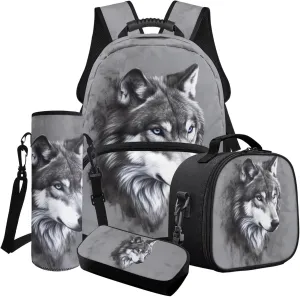 Gray Wolf Print 4 Pcs School Backpack Set for Kids Bookbag Spacious Elementary Student Daypack Lunch Box Pen Case Water Bottle Carrying Bag Rucksack for Boys Girls