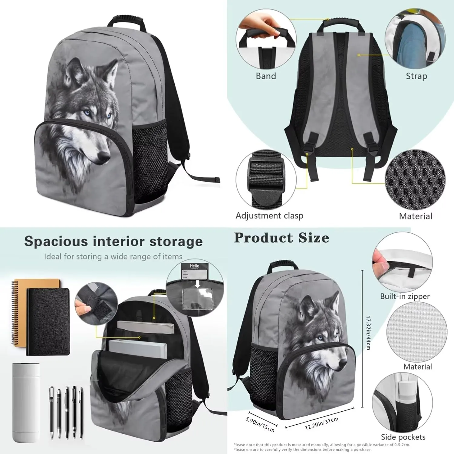 Gray Wolf Print 4 Pcs School Backpack Set for Kids Bookbag Spacious Elementary Student Daypack Lunch Box Pen Case Water Bottle Carrying Bag Rucksack for Boys Girls