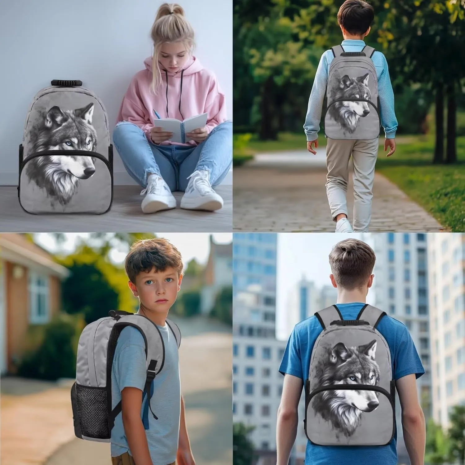 Gray Wolf Print 4 Pcs School Backpack Set for Kids Bookbag Spacious Elementary Student Daypack Lunch Box Pen Case Water Bottle Carrying Bag Rucksack for Boys Girls
