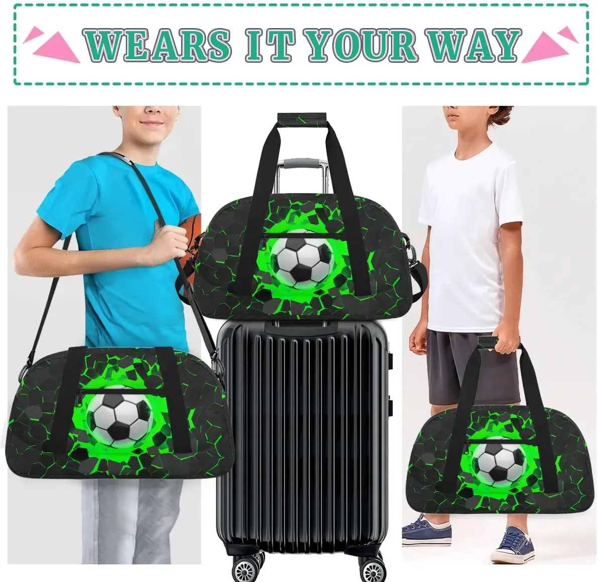 Green 3D Soccer Kids Overnighter Duffel Bags for Boys, Carry-On Size Sports Gym Bag with Front Zipper Pocket for School Practice or Overnight Travel Weekender Sleepover Tote Bag