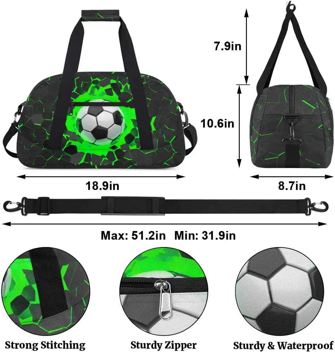 Green 3D Soccer Kids Overnighter Duffel Bags for Boys, Carry-On Size Sports Gym Bag with Front Zipper Pocket for School Practice or Overnight Travel Weekender Sleepover Tote Bag