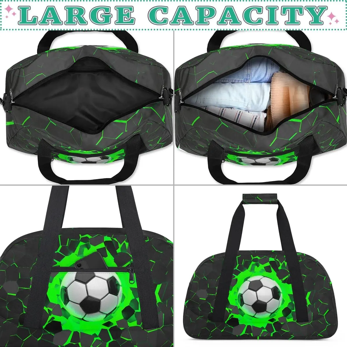 Green 3D Soccer Kids Overnighter Duffel Bags for Boys, Carry-On Size Sports Gym Bag with Front Zipper Pocket for School Practice or Overnight Travel Weekender Sleepover Tote Bag
