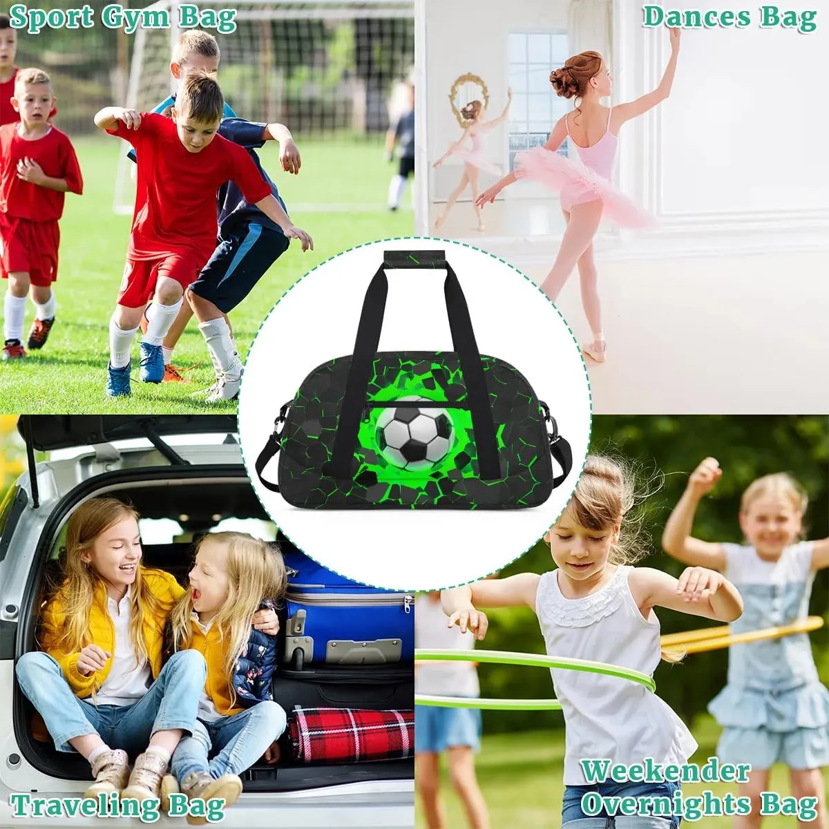Green 3D Soccer Kids Overnighter Duffel Bags for Boys, Carry-On Size Sports Gym Bag with Front Zipper Pocket for School Practice or Overnight Travel Weekender Sleepover Tote Bag