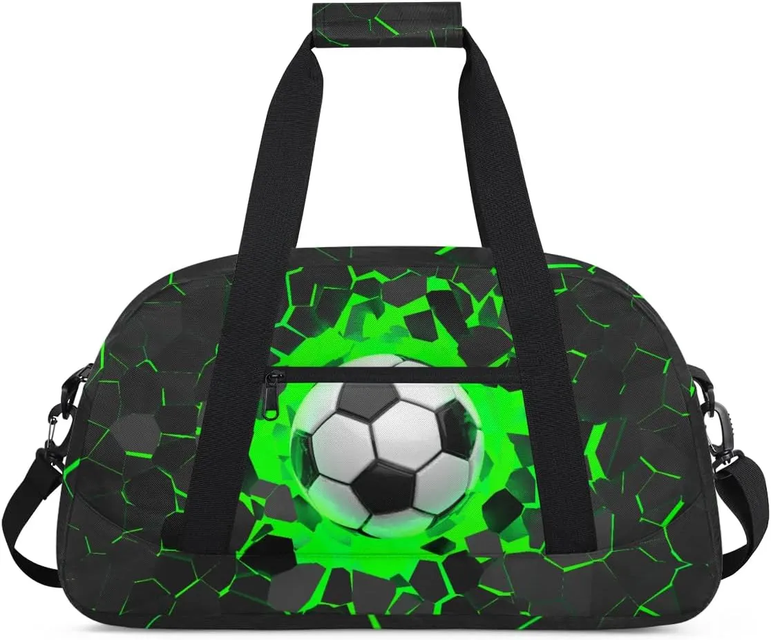 Green 3D Soccer Kids Overnighter Duffel Bags for Boys, Carry-On Size Sports Gym Bag with Front Zipper Pocket for School Practice or Overnight Travel Weekender Sleepover Tote Bag