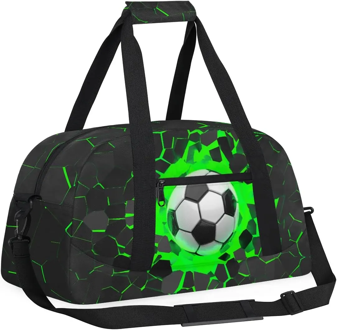 Green 3D Soccer Kids Overnighter Duffel Bags for Boys, Carry-On Size Sports Gym Bag with Front Zipper Pocket for School Practice or Overnight Travel Weekender Sleepover Tote Bag