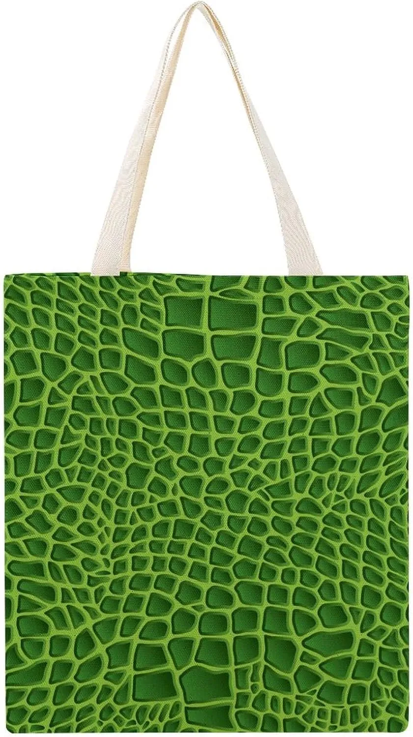 Green Crocodile Lizard Skin Printed Canvas Tote Bag Multi-Purpose Reusable Grocery Bags for Shopping Gym