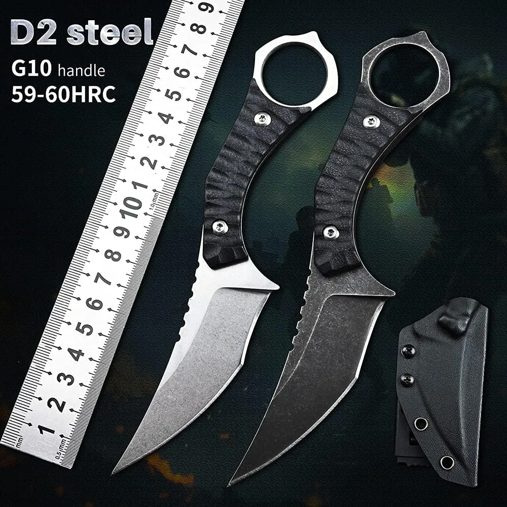 Gtk152 Fixed Blade Knife, D2 Steel Blade G10 Handle EDC Tool Knives with Kydex Sheath, Cool Strong Sharp Fixed Knife for Outdoor Camping Hunting(Silver)
