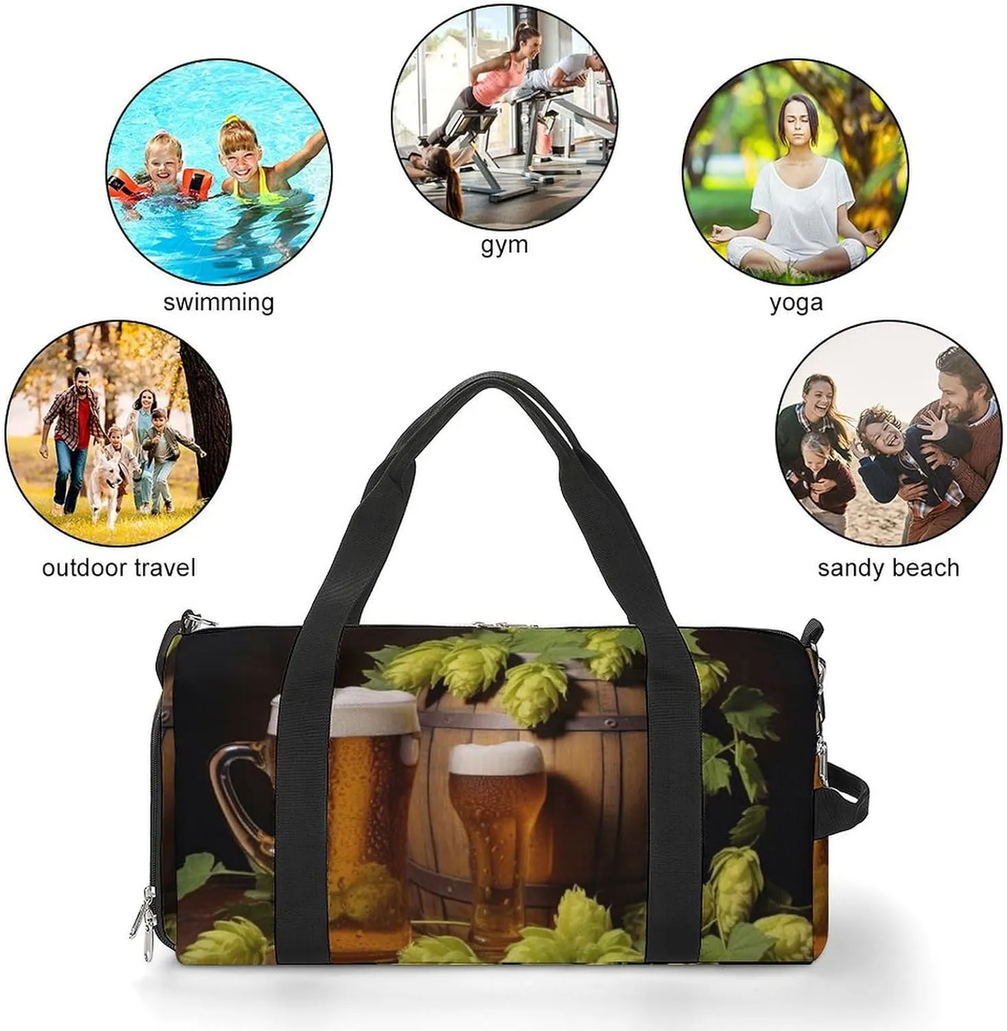 Gym Bag Beer And Hop Cones Duffel Bag for Men Women Overnight Bag with Shoe Compartment Workout Bags