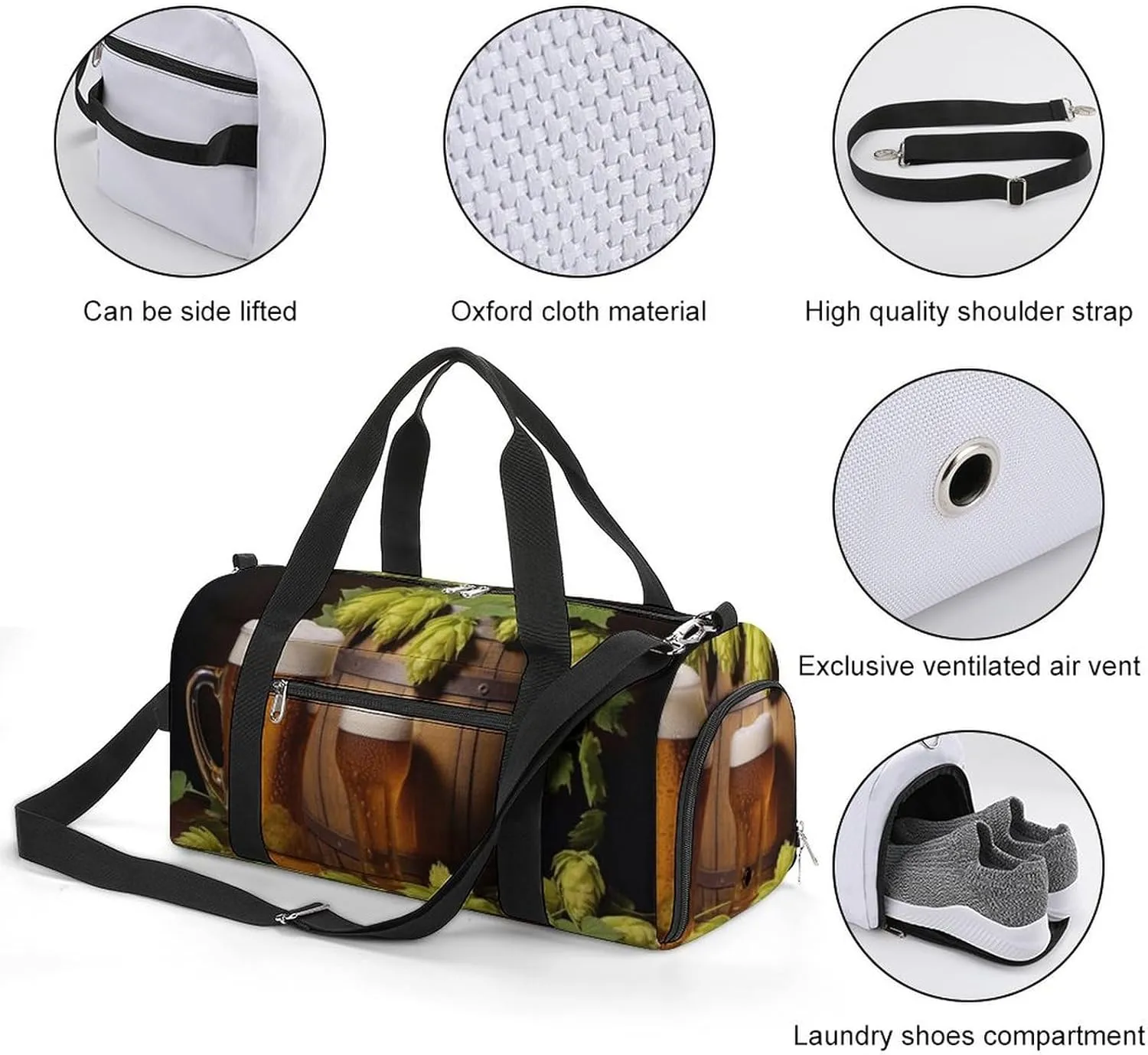 Gym Bag Beer And Hop Cones Duffel Bag for Men Women Overnight Bag with Shoe Compartment Workout Bags