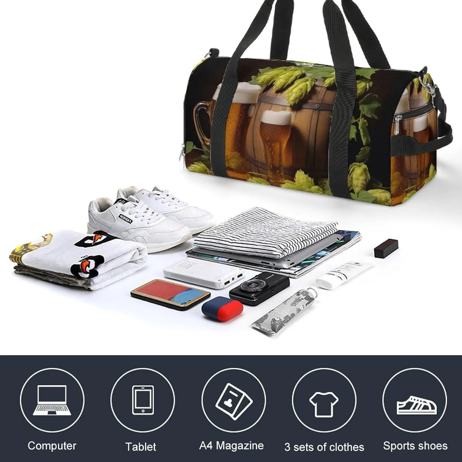 Gym Bag Beer And Hop Cones Duffel Bag for Men Women Overnight Bag with Shoe Compartment Workout Bags