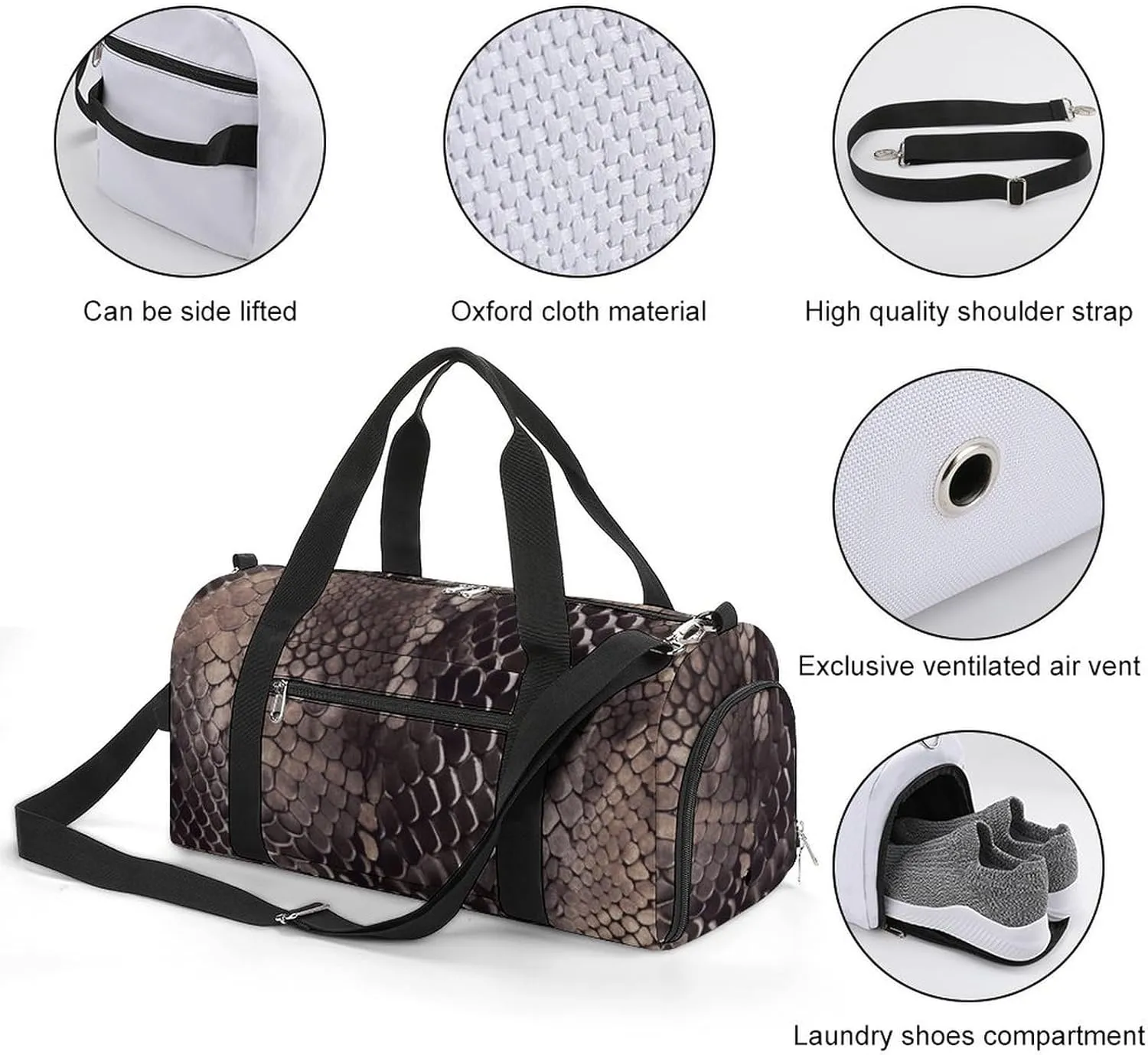 Gym Bag Classic Snake Skin Duffel Bag for Men Women Overnight Bag with Shoe Compartment Workout Bags