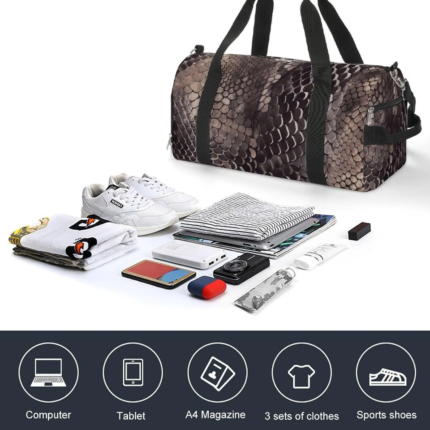 Gym Bag Classic Snake Skin Duffel Bag for Men Women Overnight Bag with Shoe Compartment Workout Bags