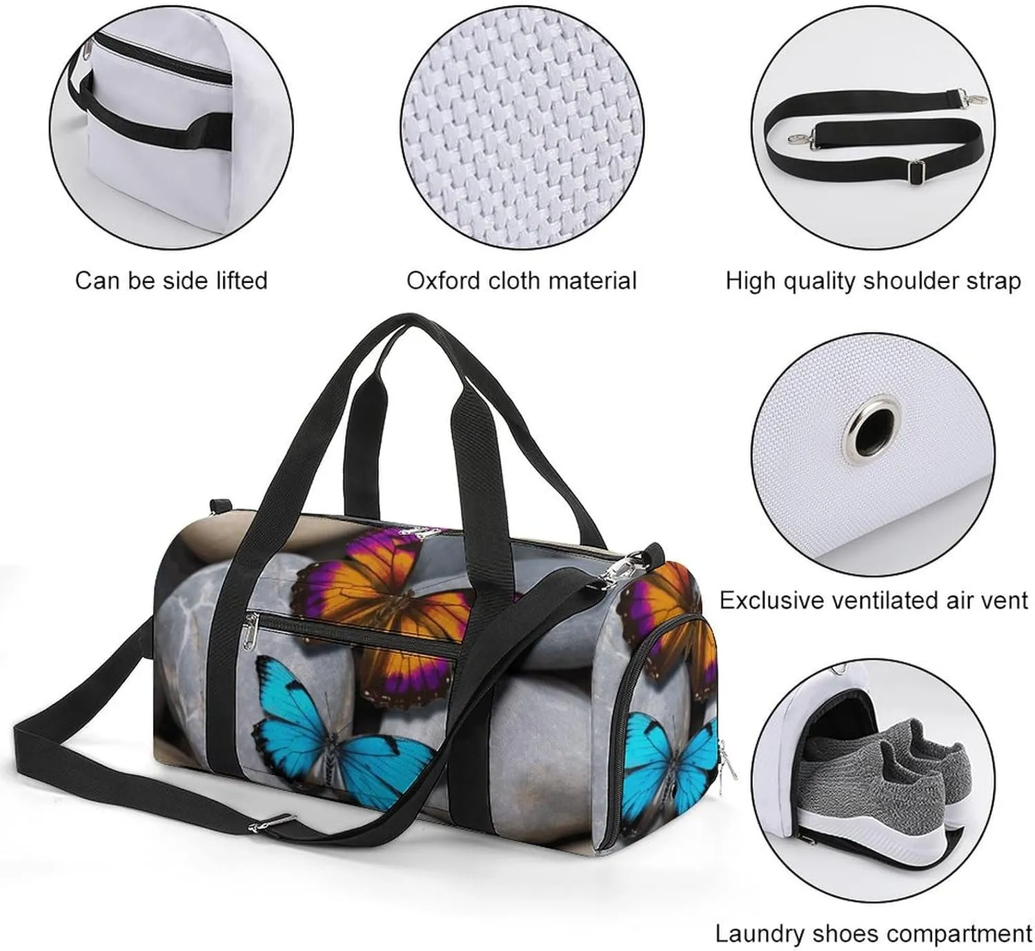 Gym Bag Colorful Butterfly Stone Duffel Bag for Men Women Overnight Bag with Shoe Compartment Workout Bags