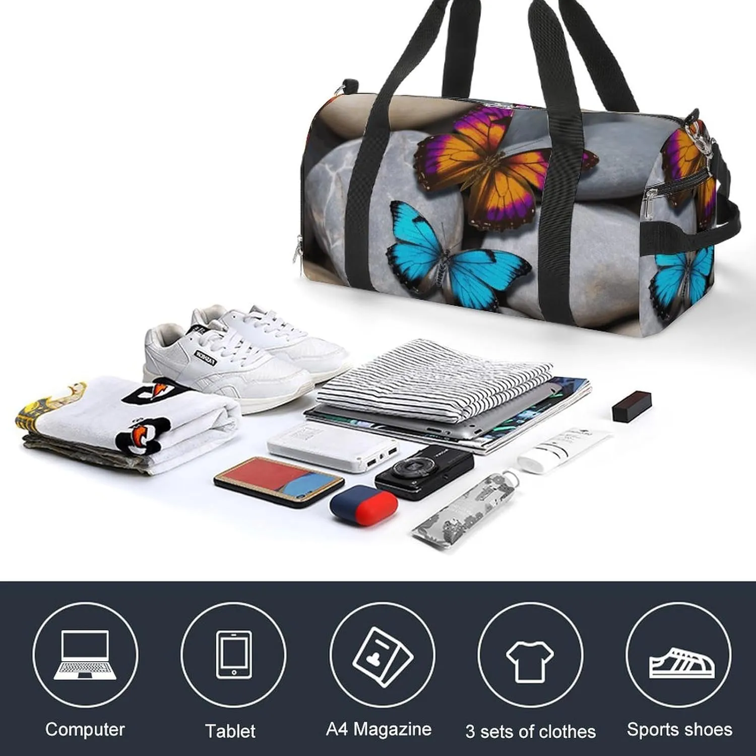Gym Bag Colorful Butterfly Stone Duffel Bag for Men Women Overnight Bag with Shoe Compartment Workout Bags