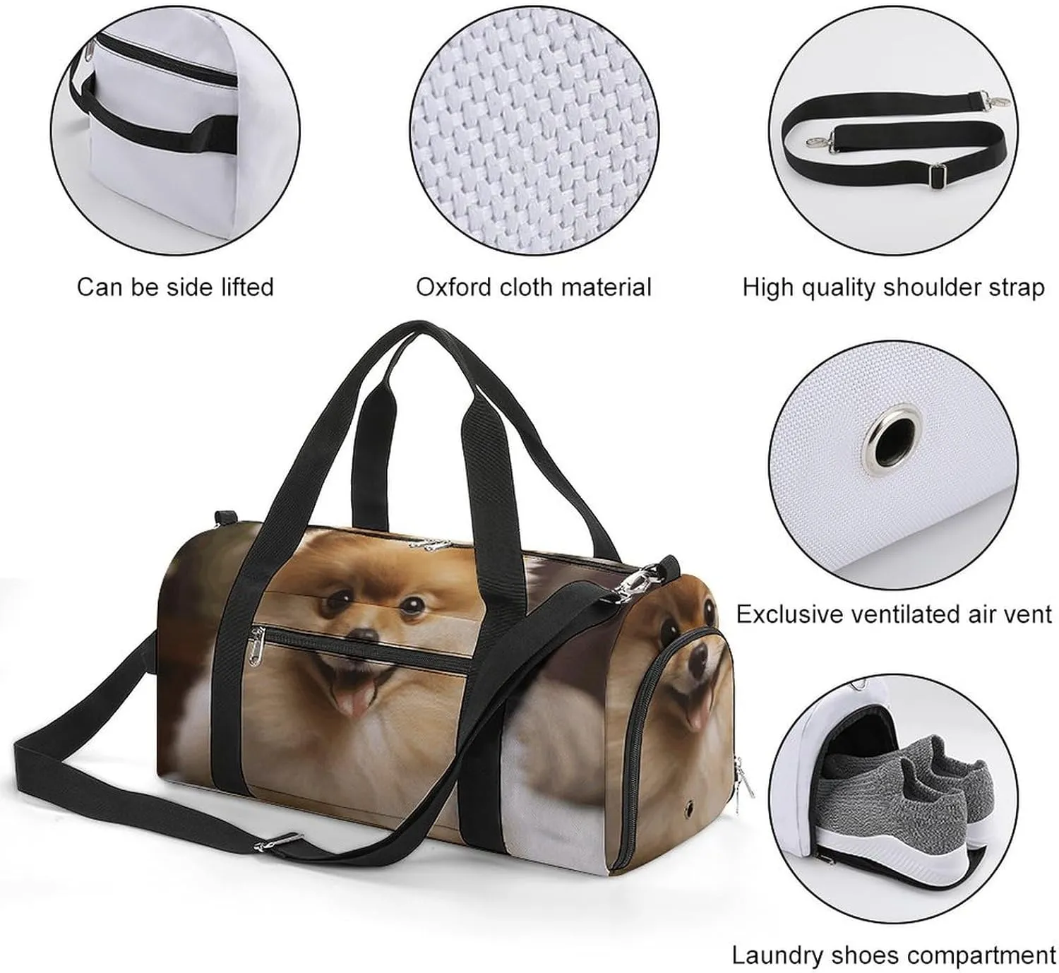Gym Bag Cute Pomeranian Dog Duffel Bag for Men Women Travel Overnight Bag with Shoe Compartment Workout Bags