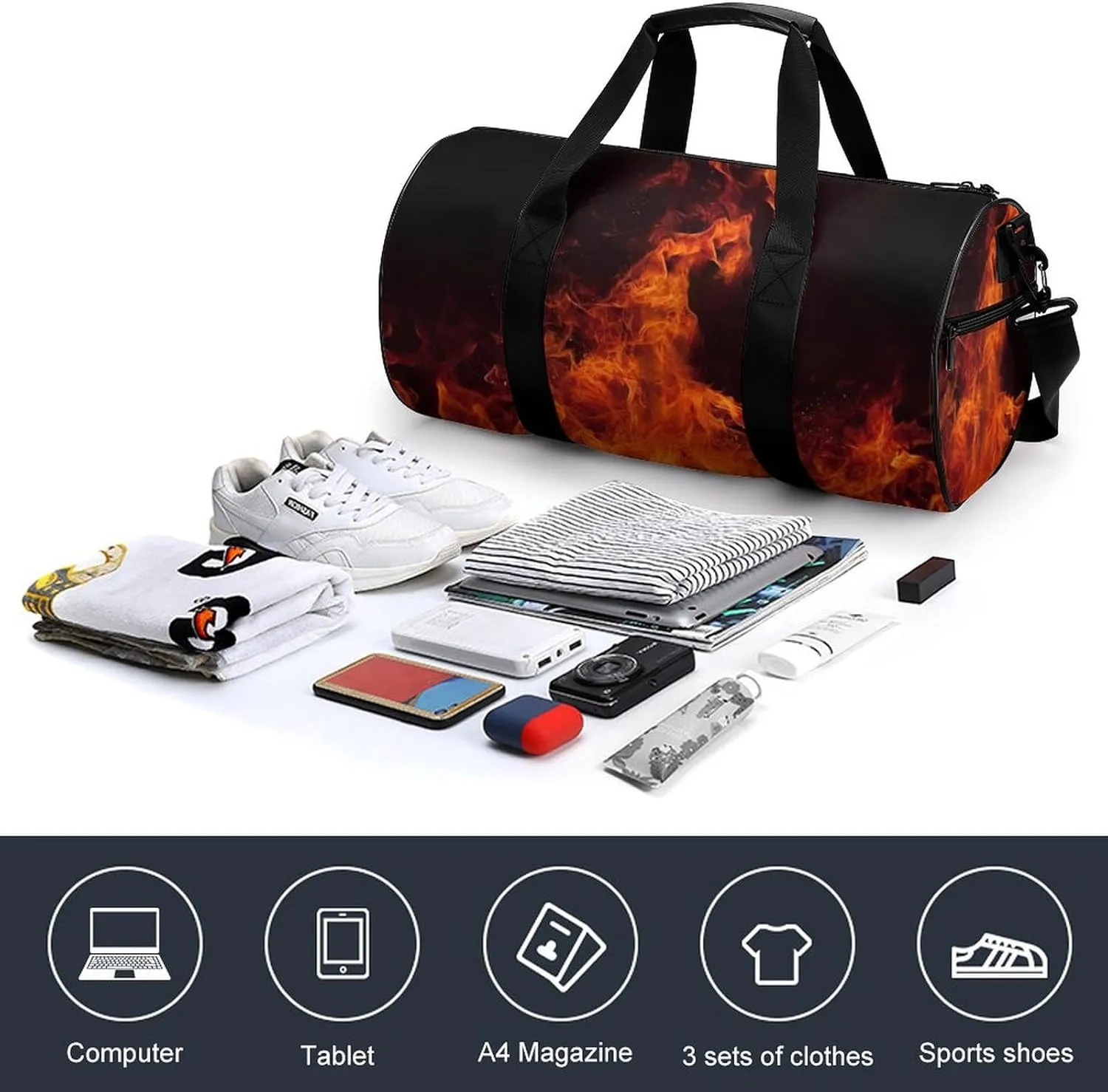 Gym Bag Dancing Fire Duffel Bag for Men Women Overnight Bag with Shoe Compartment Workout Bags