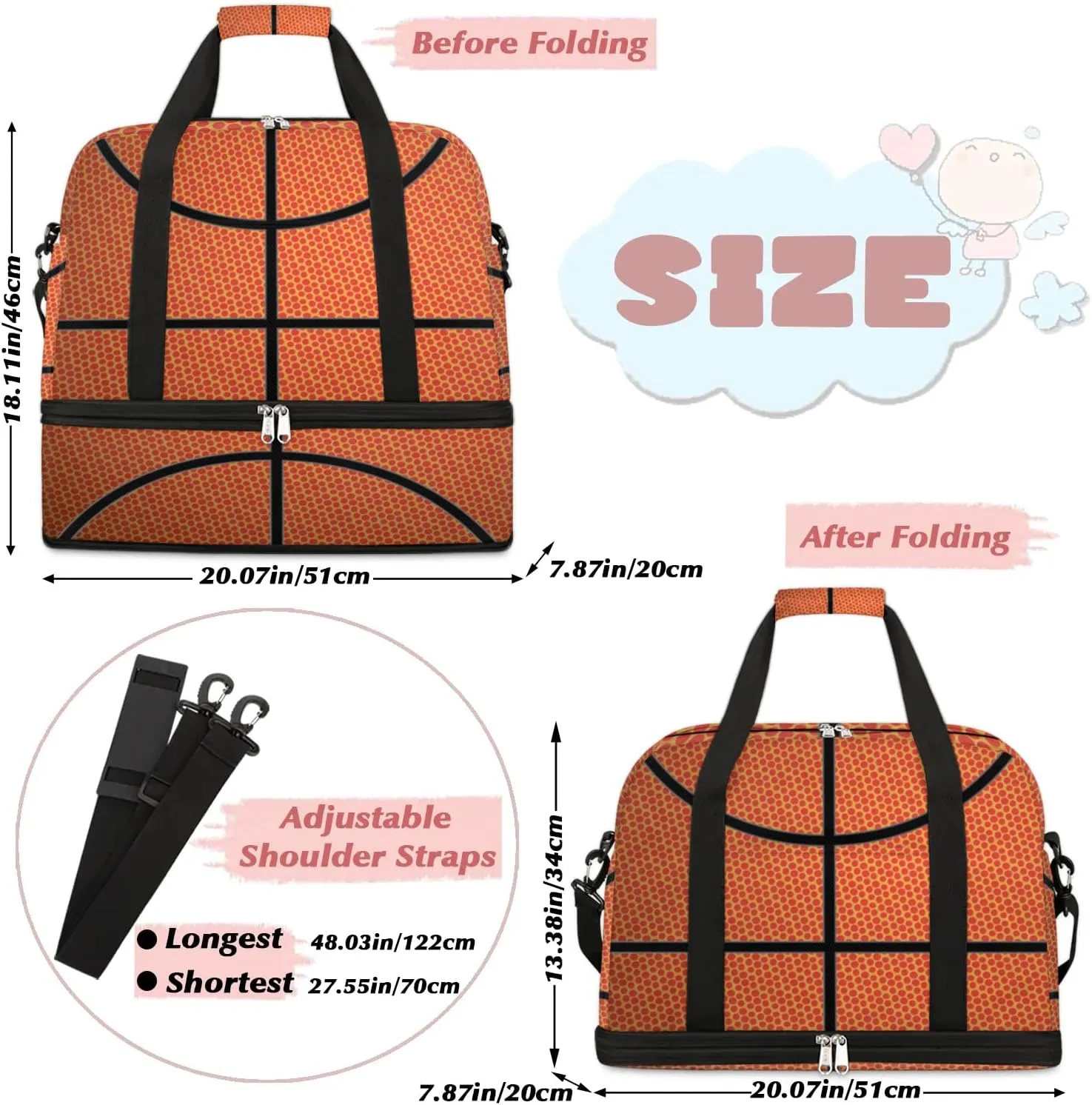 Gym Bag for Men Women, Basketball Texture Carry on Travel Duffel Bag with Trolley Sleeve, Waterproof Weekender Overnight Bags with Shoes and Wet Clothes Compartment for Sleepover Workout Sports