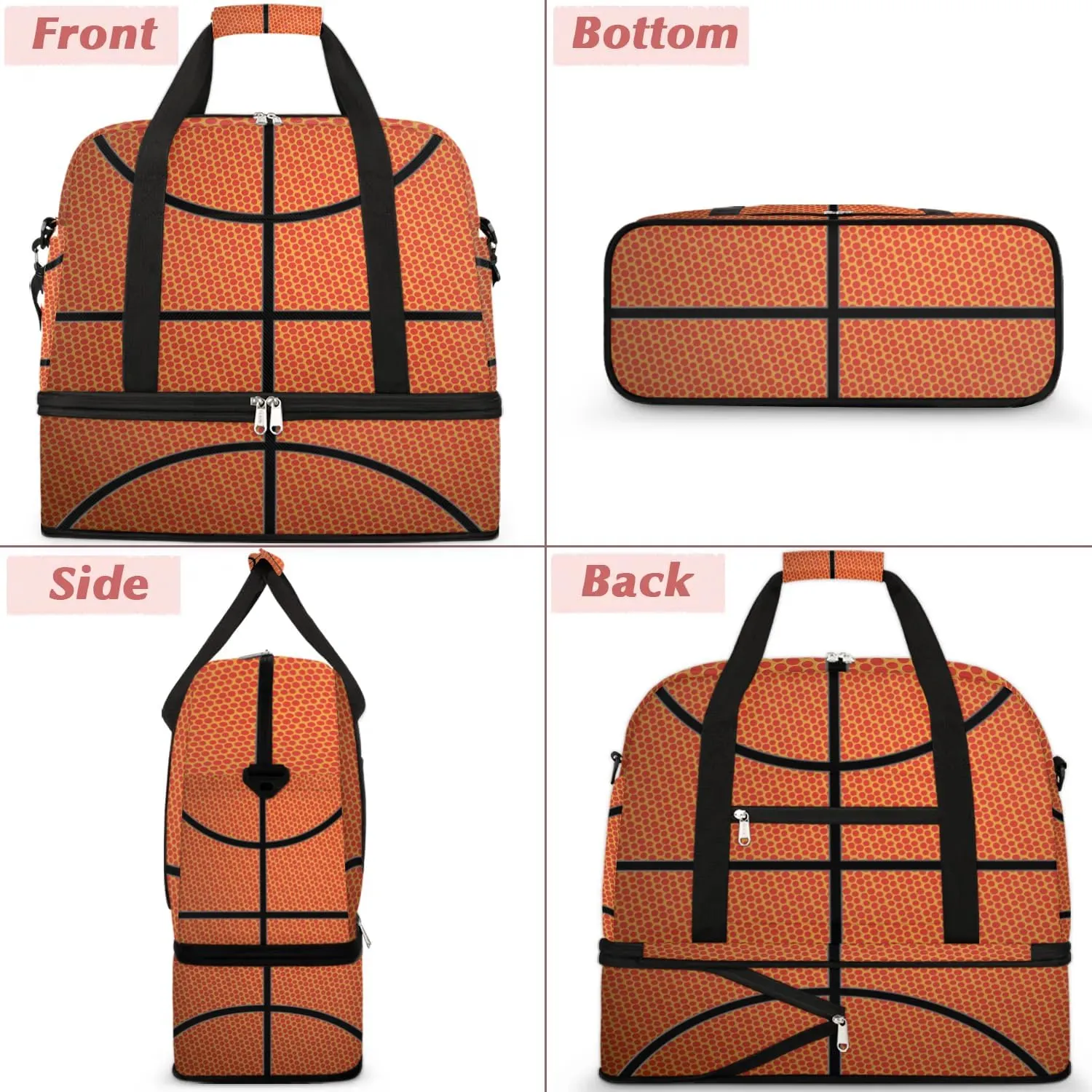 Gym Bag for Men Women, Basketball Texture Carry on Travel Duffel Bag with Trolley Sleeve, Waterproof Weekender Overnight Bags with Shoes and Wet Clothes Compartment for Sleepover Workout Sports