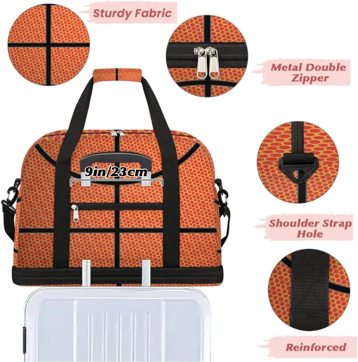 Gym Bag for Men Women, Basketball Texture Carry on Travel Duffel Bag with Trolley Sleeve, Waterproof Weekender Overnight Bags with Shoes and Wet Clothes Compartment for Sleepover Workout Sports
