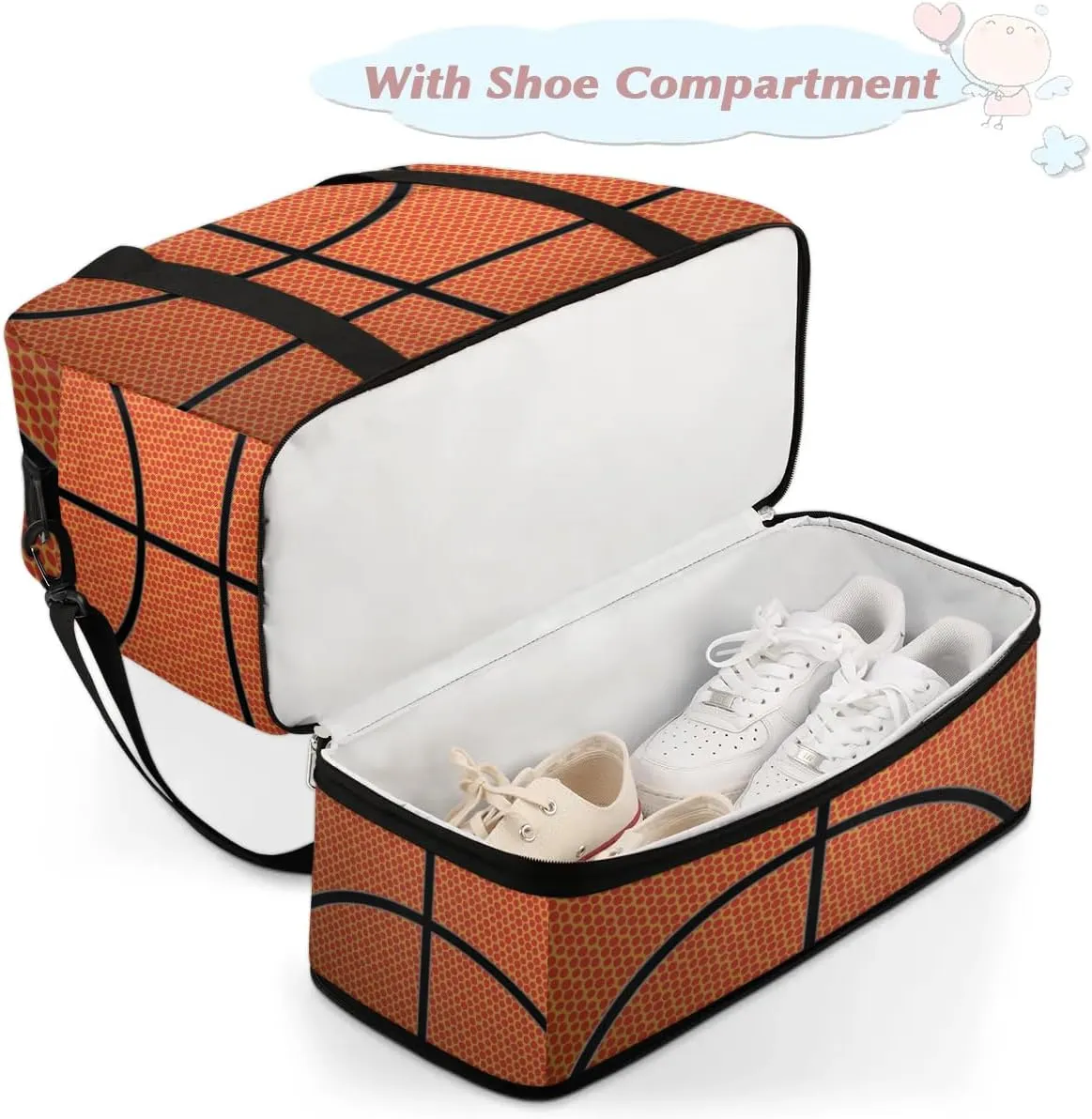 Gym Bag for Men Women, Basketball Texture Carry on Travel Duffel Bag with Trolley Sleeve, Waterproof Weekender Overnight Bags with Shoes and Wet Clothes Compartment for Sleepover Workout Sports