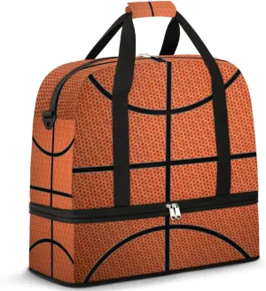 Gym Bag for Men Women, Basketball Texture Carry on Travel Duffel Bag with Trolley Sleeve, Waterproof Weekender Overnight Bags with Shoes and Wet Clothes Compartment for Sleepover Workout Sports