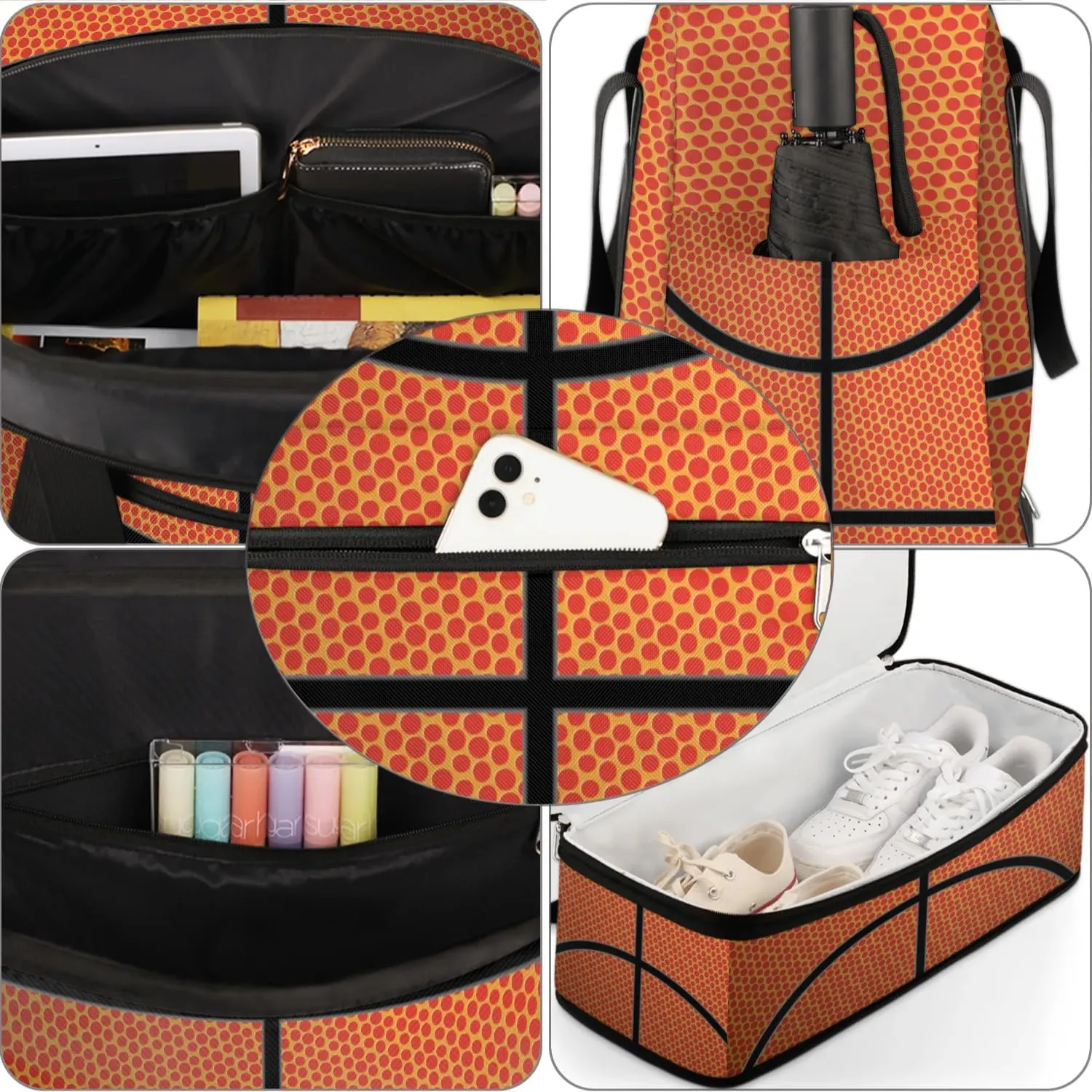 Gym Bag for Men Women, Basketball Texture Carry on Travel Duffel Bag with Trolley Sleeve, Waterproof Weekender Overnight Bags with Shoes and Wet Clothes Compartment for Sleepover Workout Sports