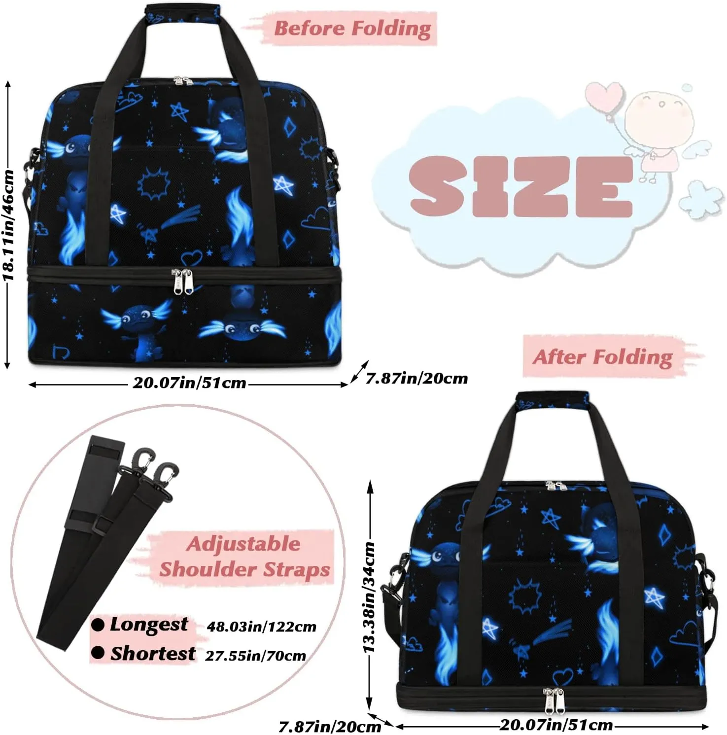Gym Bag for Men Women, Blue Axolotl Carry on Travel Duffel Bag with Trolley Sleeve, Waterproof Weekender Overnight Bags with Shoes and Wet Clothes Compartment for Sleepover Workout Sports