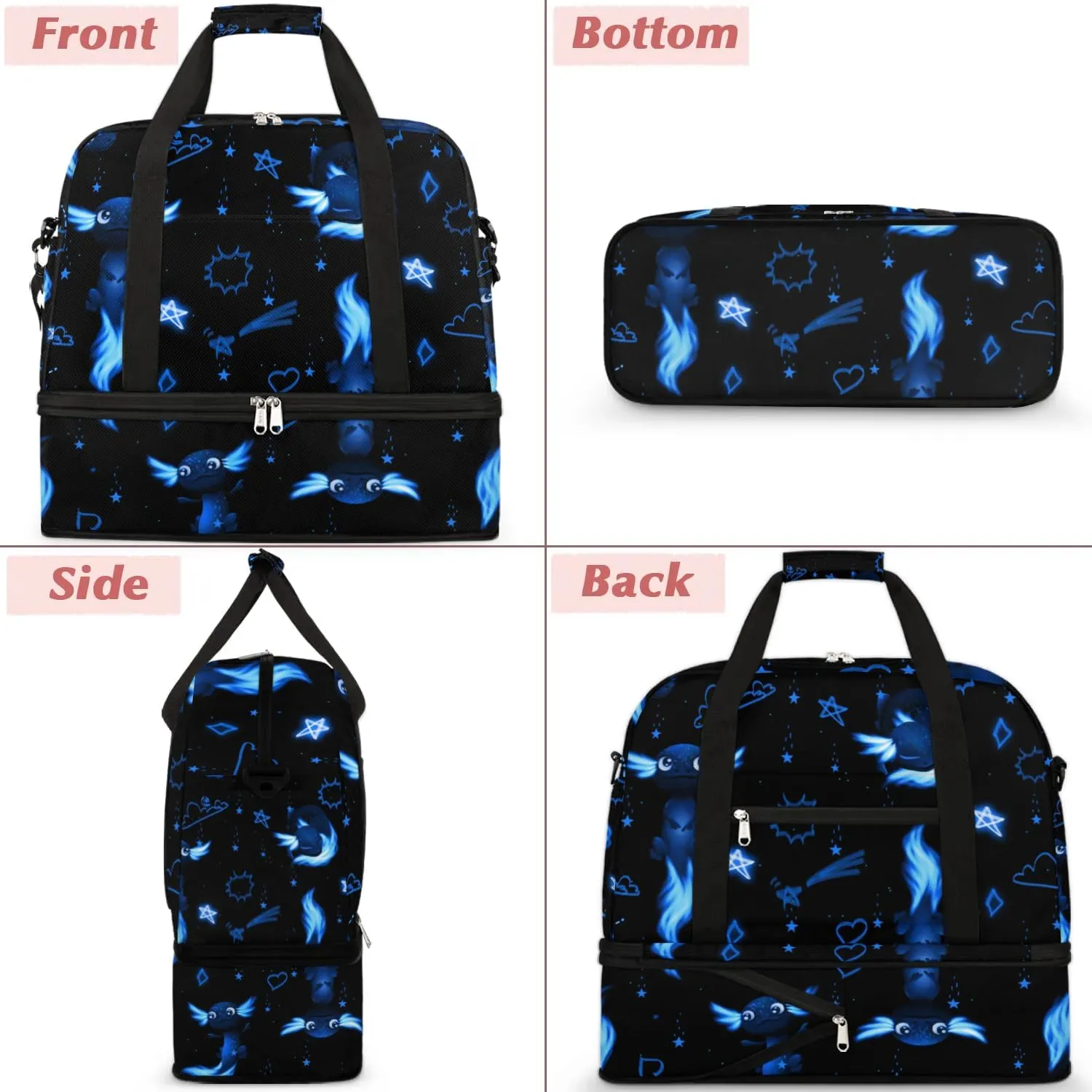 Gym Bag for Men Women, Blue Axolotl Carry on Travel Duffel Bag with Trolley Sleeve, Waterproof Weekender Overnight Bags with Shoes and Wet Clothes Compartment for Sleepover Workout Sports