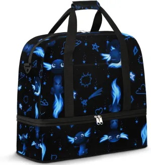 Gym Bag for Men Women, Blue Axolotl Carry on Travel Duffel Bag with Trolley Sleeve, Waterproof Weekender Overnight Bags with Shoes and Wet Clothes Compartment for Sleepover Workout Sports
