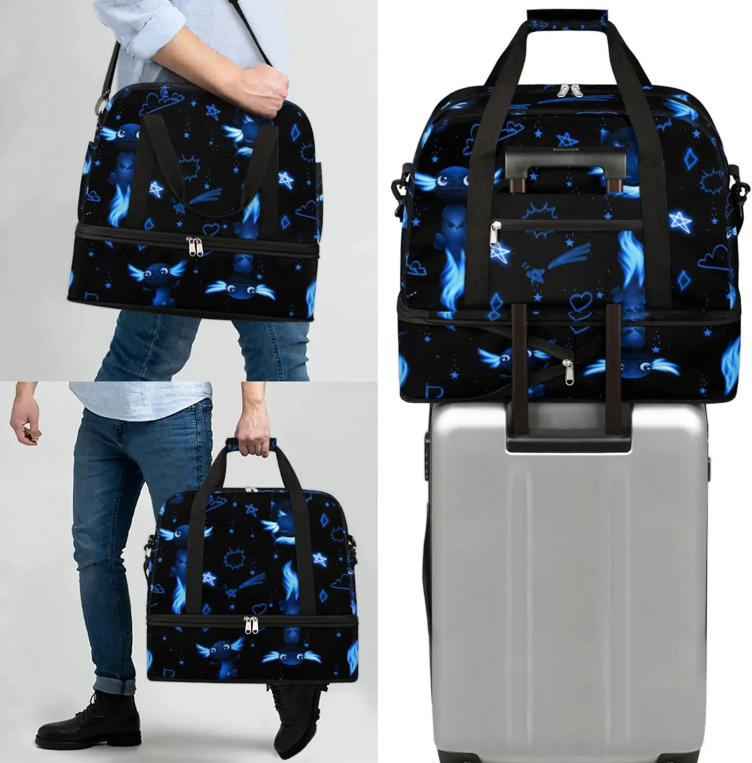 Gym Bag for Men Women, Blue Axolotl Carry on Travel Duffel Bag with Trolley Sleeve, Waterproof Weekender Overnight Bags with Shoes and Wet Clothes Compartment for Sleepover Workout Sports