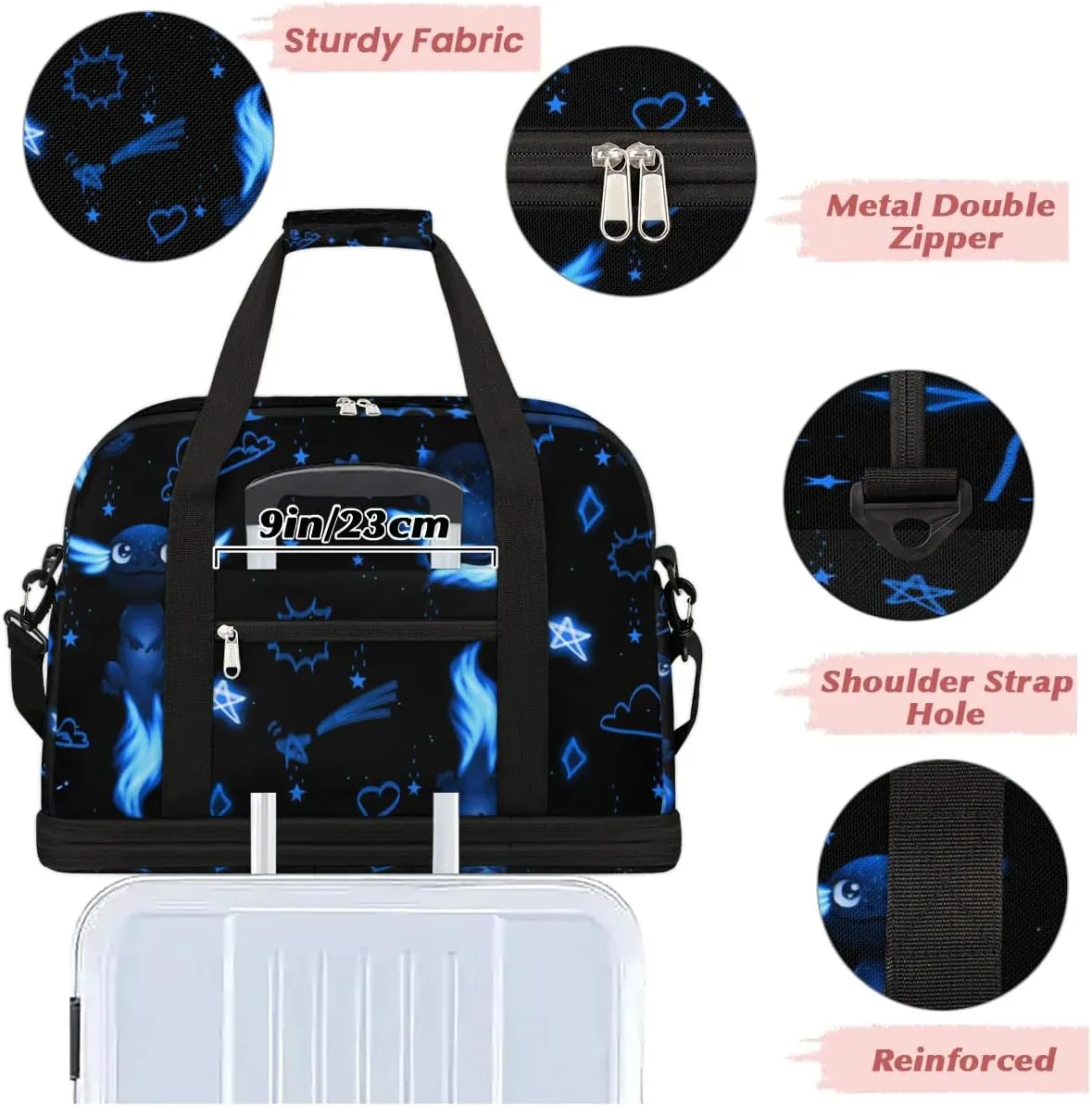 Gym Bag for Men Women, Blue Axolotl Carry on Travel Duffel Bag with Trolley Sleeve, Waterproof Weekender Overnight Bags with Shoes and Wet Clothes Compartment for Sleepover Workout Sports